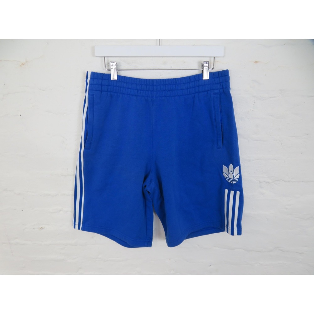 Adidas Sweat Shorts Mens Medium Blue Fleece 3D Trefoil Gym Athletic Striped